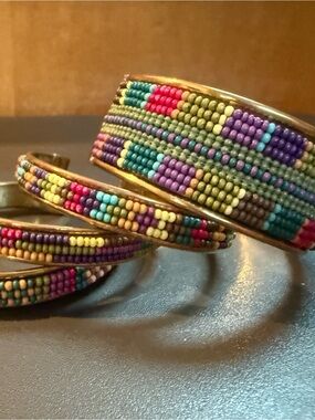 Beaded Brass Cuff Bracelet Set (4) — Boho Southwestern Tribal Style Bangles